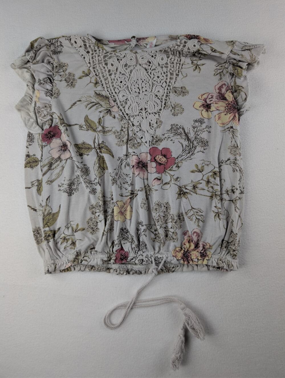 Xhilaration Floral Crochet Lace Blouse XS Boho Cottagecore Ruffle Tie Hem Top
